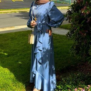 Light blue long sleeve satin dress